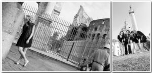 Black and white Rome photoshoot at the Colosseum with tourists